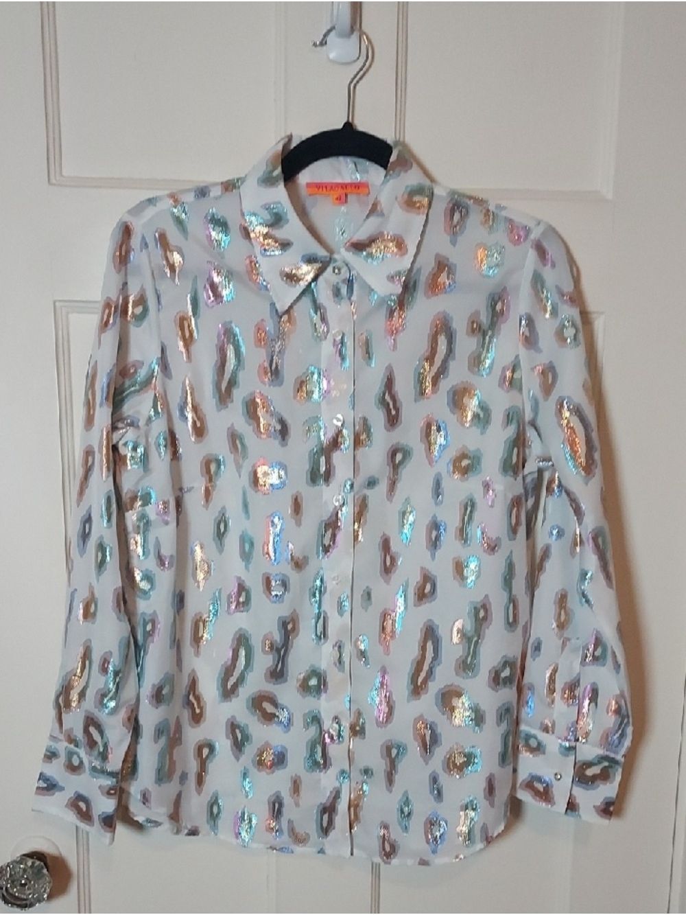 Vilagallo White Metallic Leopard Print Button-Down Shirt Size 42 US 8